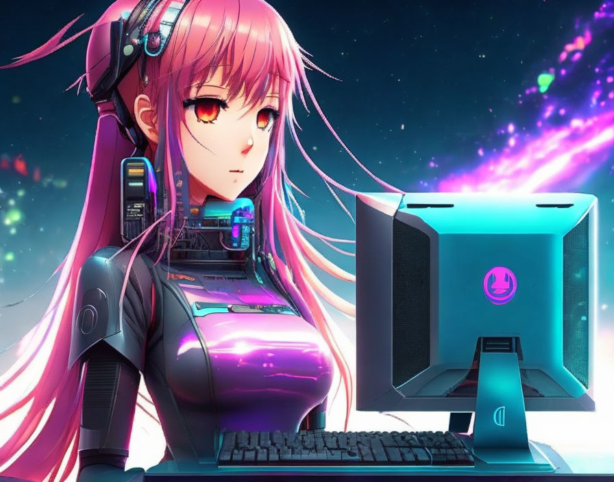 Pink-haired anime-style girl with cybernetic enhancements in futuristic cyberpunk scene