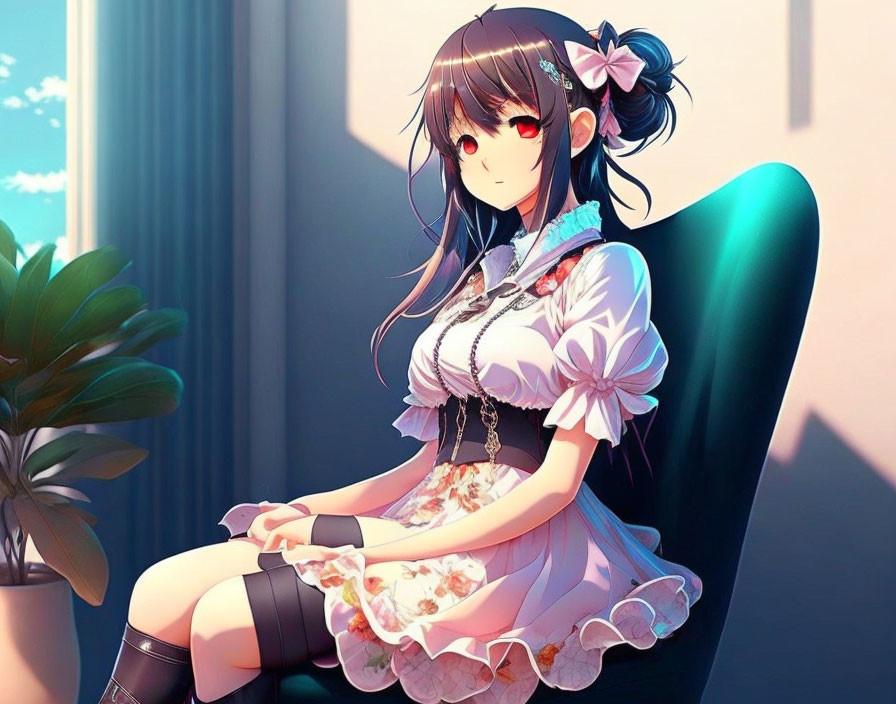 Dark-haired anime girl in white dress sitting on green chair in sunlight