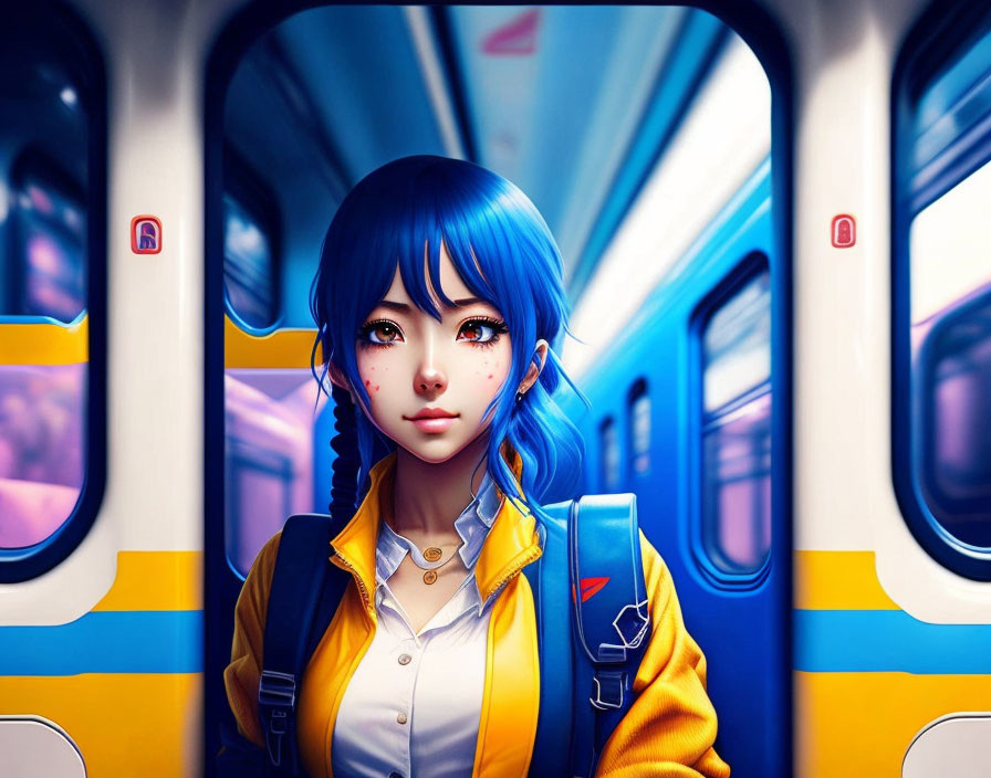 Anime-style digital art: Blue-haired girl in yellow jacket on train with blue bag