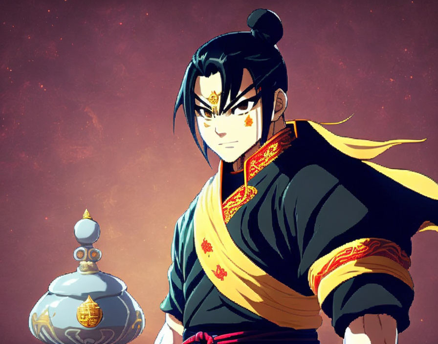 Long-haired animated character in traditional red and gold outfit by magical vessel in cosmic scene