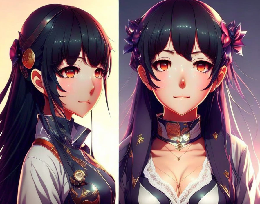 Anime-style character with long black hair and purple eyes in different profiles