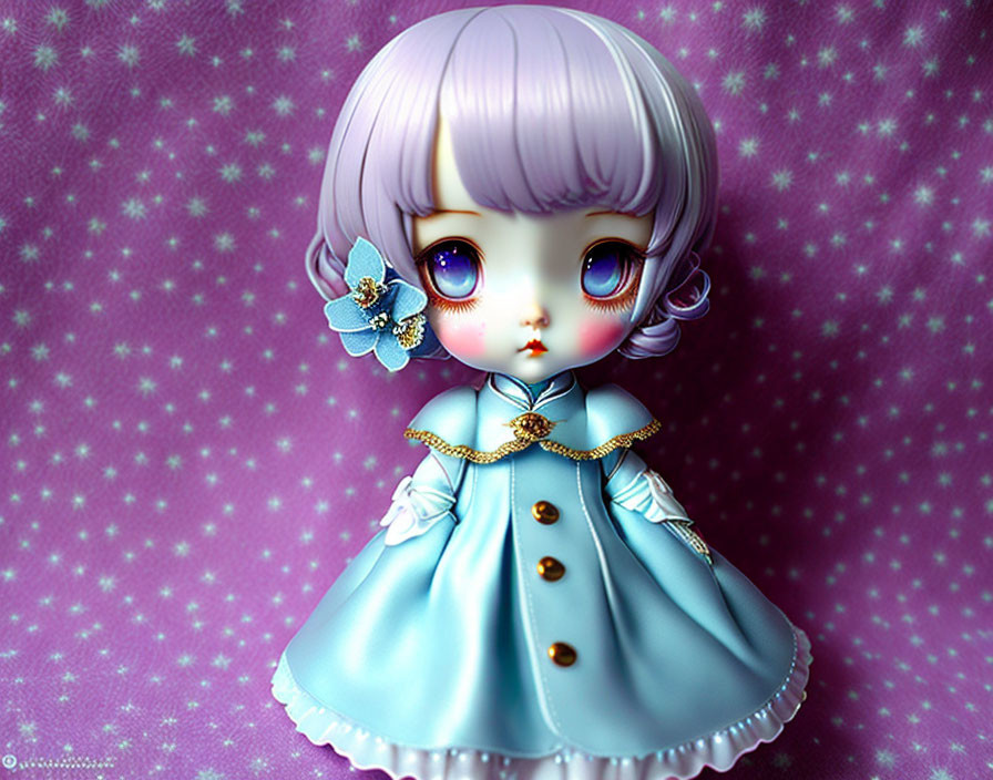 Illustration of doll-like character with large eyes, lavender hair, blue dress, star-patterned background