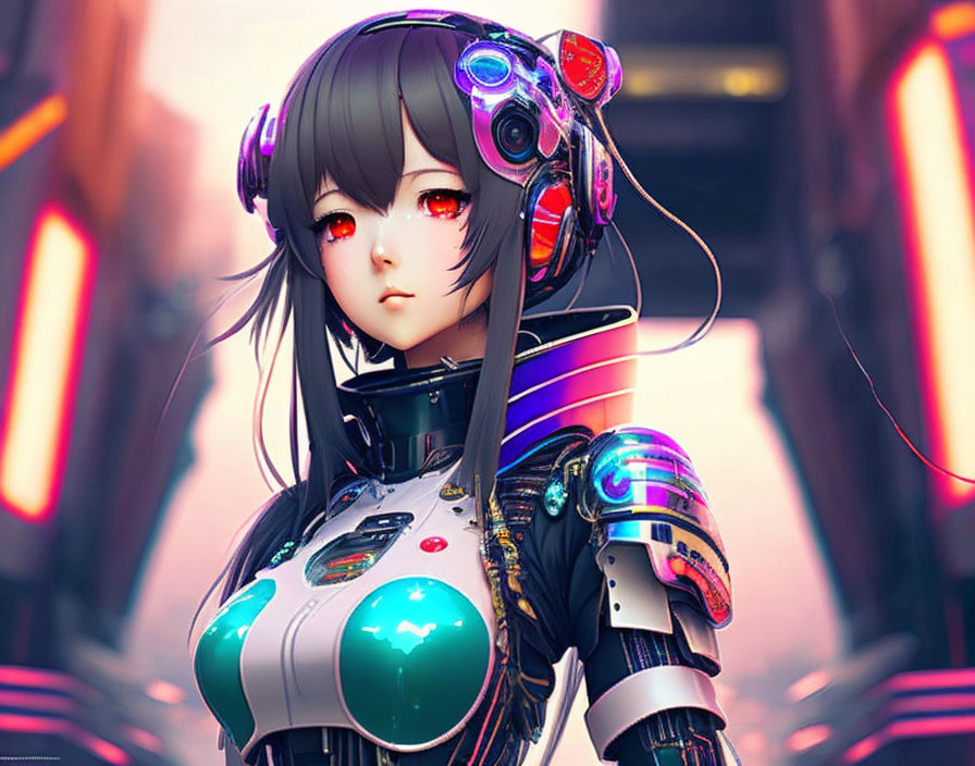 Futuristic female android with glowing red eyes in cybernetic attire