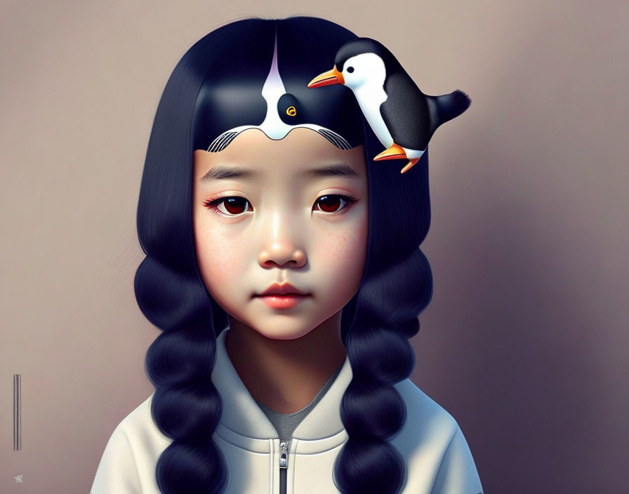 Digital illustration of girl with braided hair and whimsical elements like penguin and seagull.