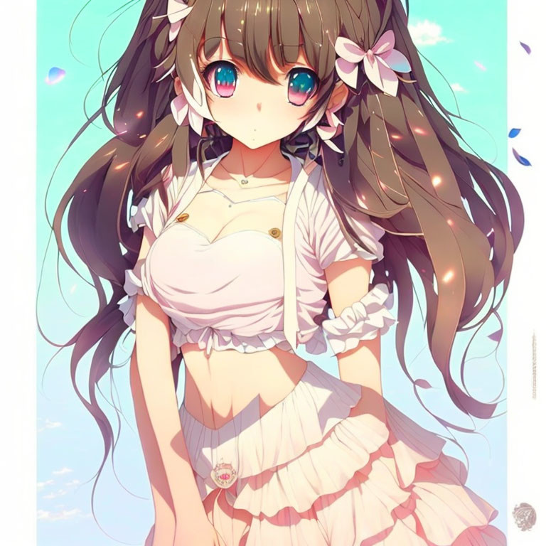 Long Brown-Haired Anime Girl in White and Pink Dress Under Clear Blue Sky