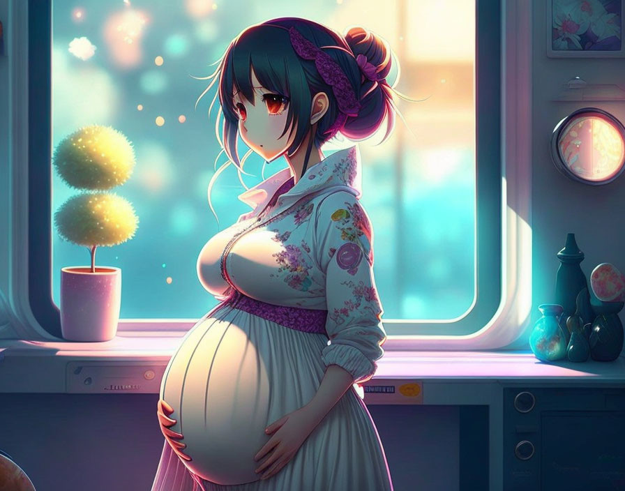 Pregnant woman in purple and white top by window in anime style