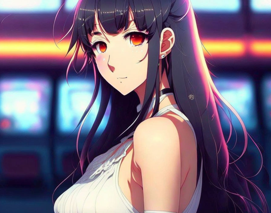 Animated character: Long black hair, red eyes, white top, colorful city dusk background