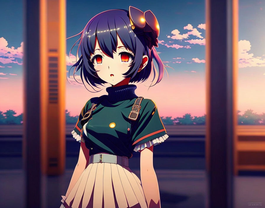 Anime girl with short dark hair and red eyes in green and white school uniform against sunset sky through window