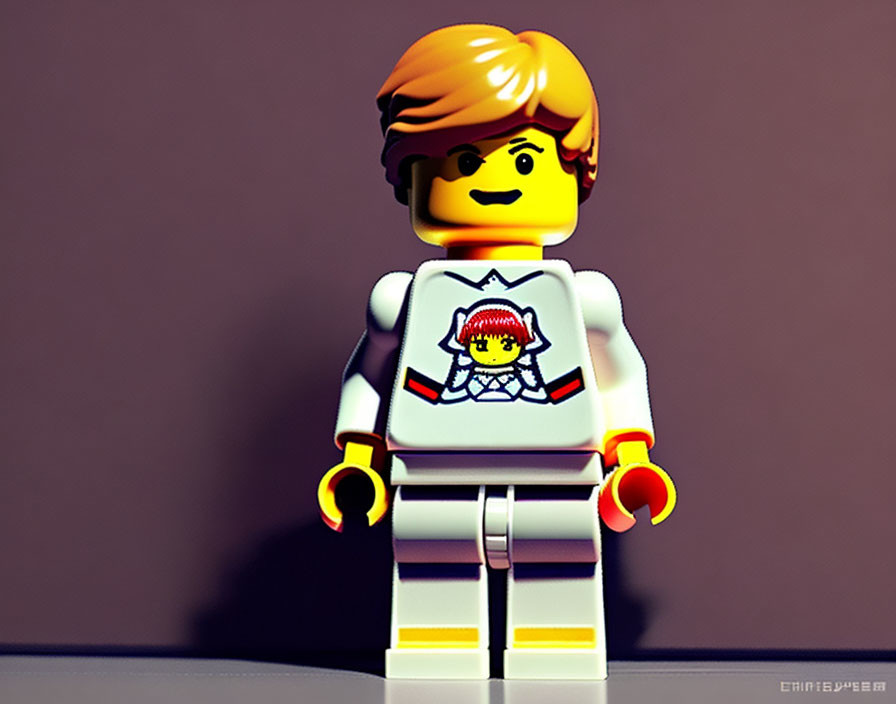 Close-Up of Lego Minifigure with Brown Hair & Space Suit Logo