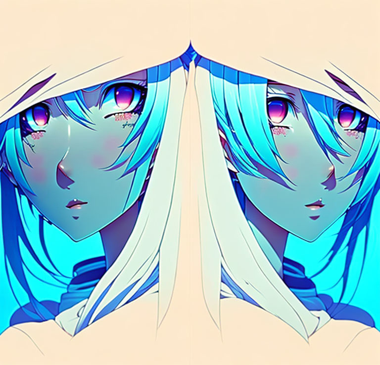 Symmetrical character with turquoise hair and blue eyes on pale background