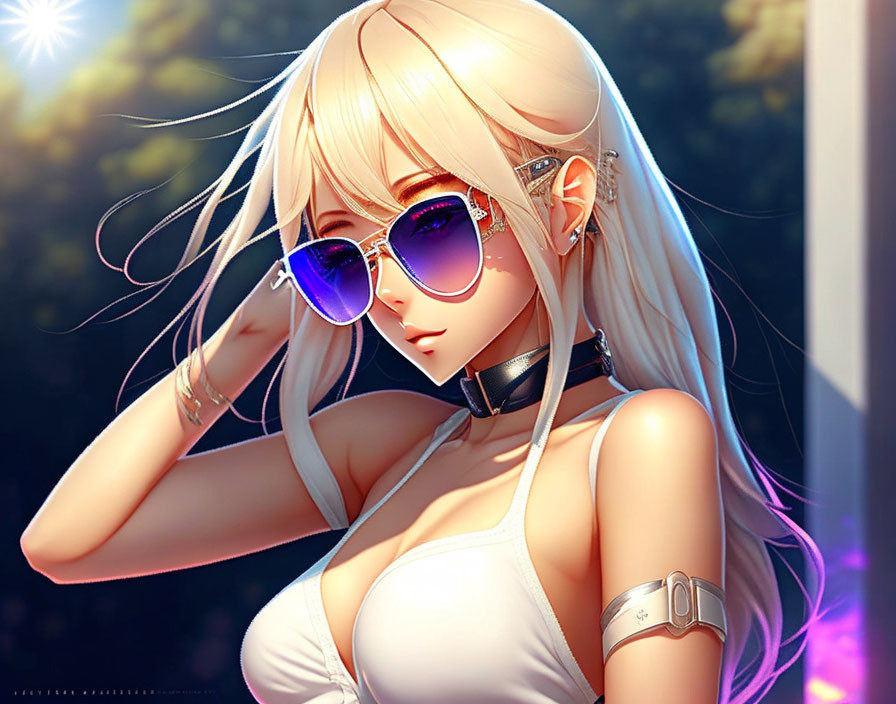 Blonde-Haired Female Anime Character in Sunglasses with Sunlight Background