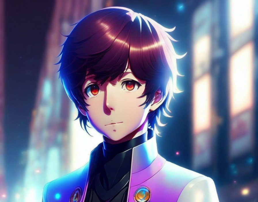 Brown-haired anime character in dark outfit with glowing pendant against city nightscape