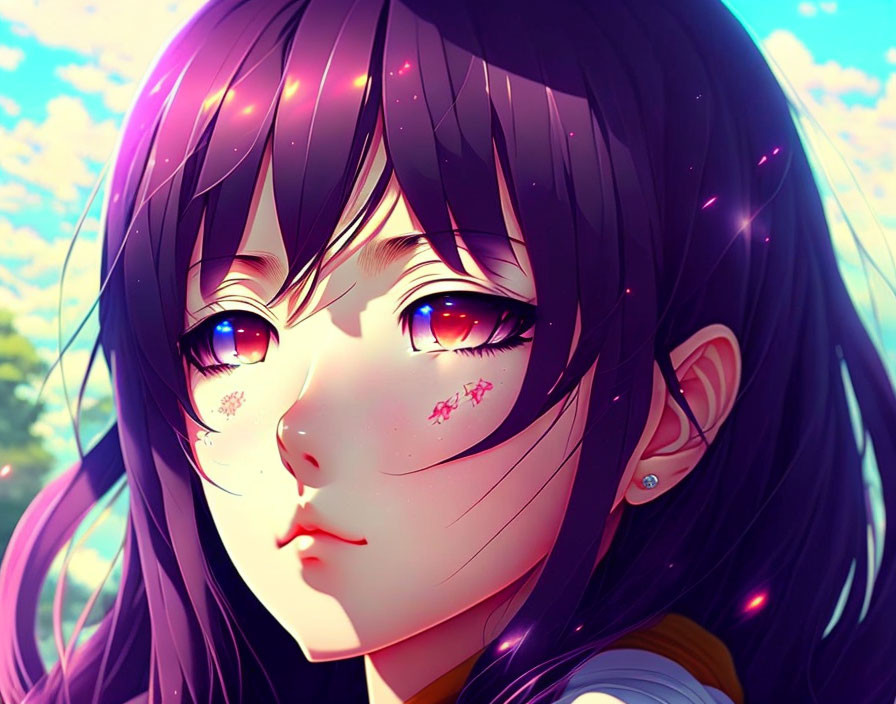 Female Anime Character with Purple Hair and Pink Eyes on Colorful Background