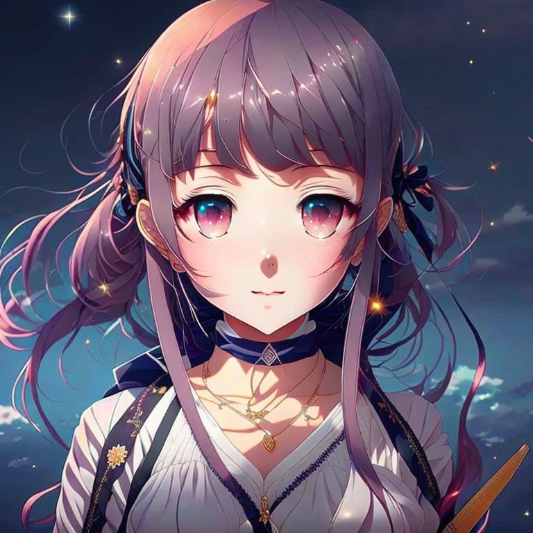 Anime girl with purple eyes, brown hair, choker, white blouse, and starry night sky