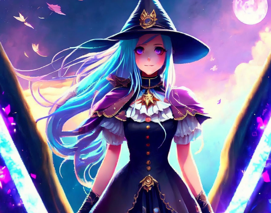 Character with Blue Hair in Black and Purple Witch Outfit against Glowing Purple Background