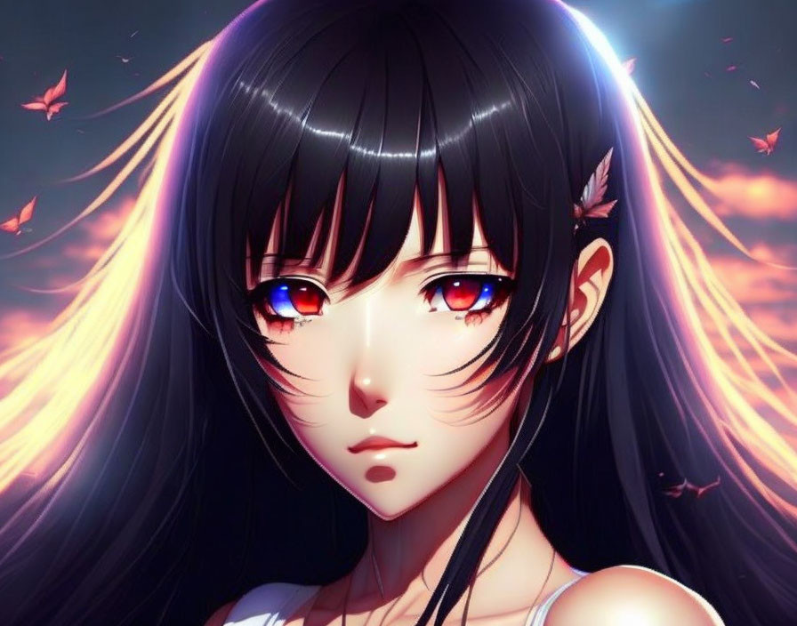 Anime-style girl with black hair, multicolored eyes, feathers, and glowing background.