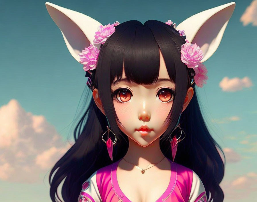 Illustration of a girl with expressive eyes and fox ears wearing pink flowers, earrings, and purple outfit