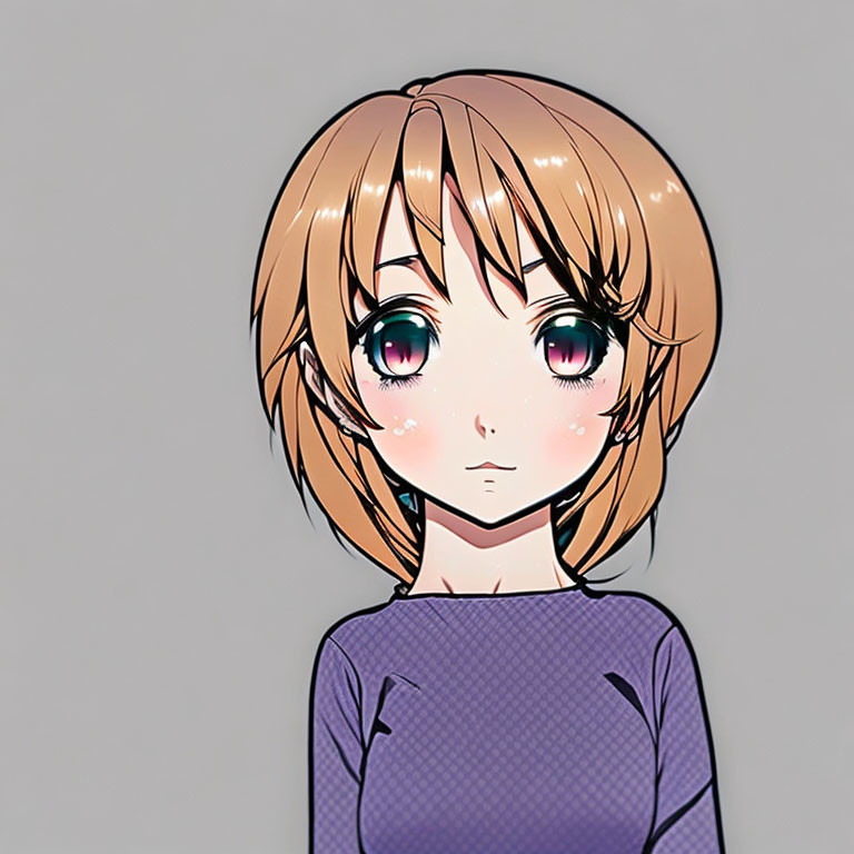 Anime-style character with short brown hair and green eyes in purple top on grey background