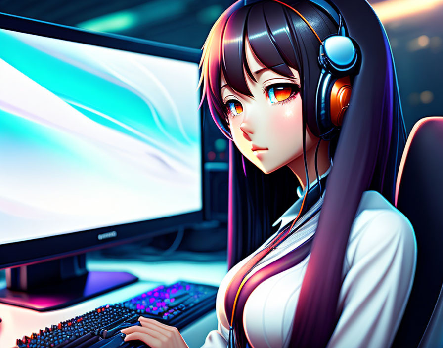 Brown-haired anime character with headphones using computer in dimly lit room