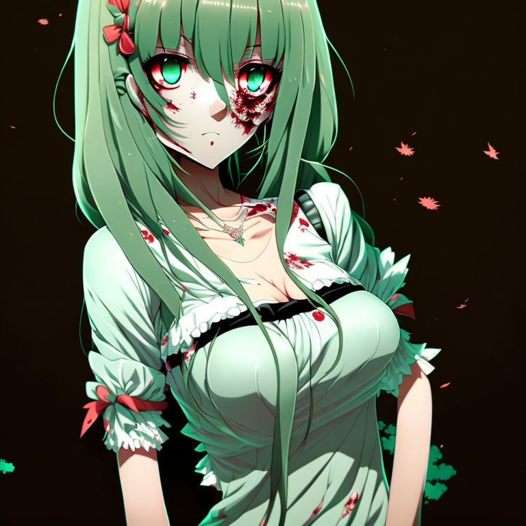 Melancholic green-haired anime girl with bloodied face in red leaves.