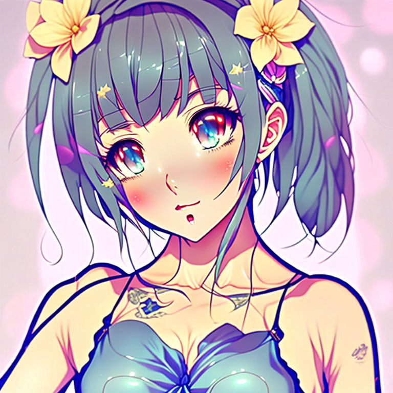 Blue-haired anime girl with yellow flowers in pink background