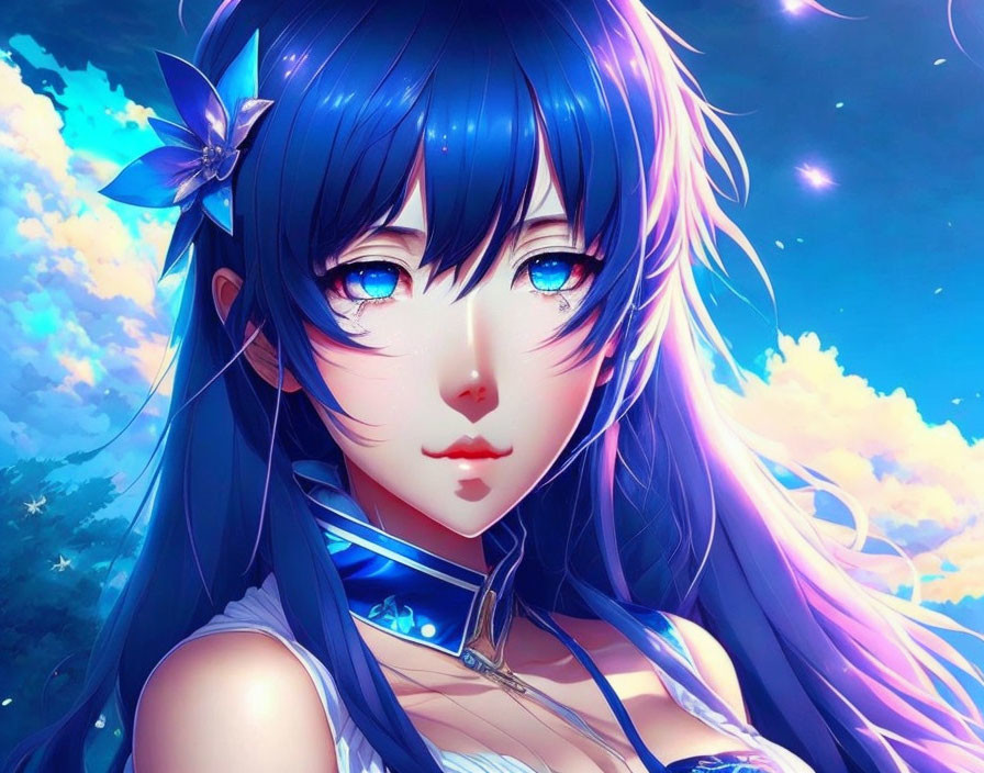 Blue-haired female anime character with flower accessory in vibrant sky.