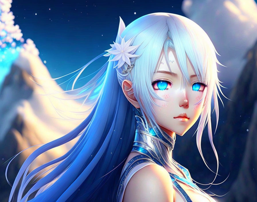 Blue-eyed anime girl with long blue hair in starry night sky scene