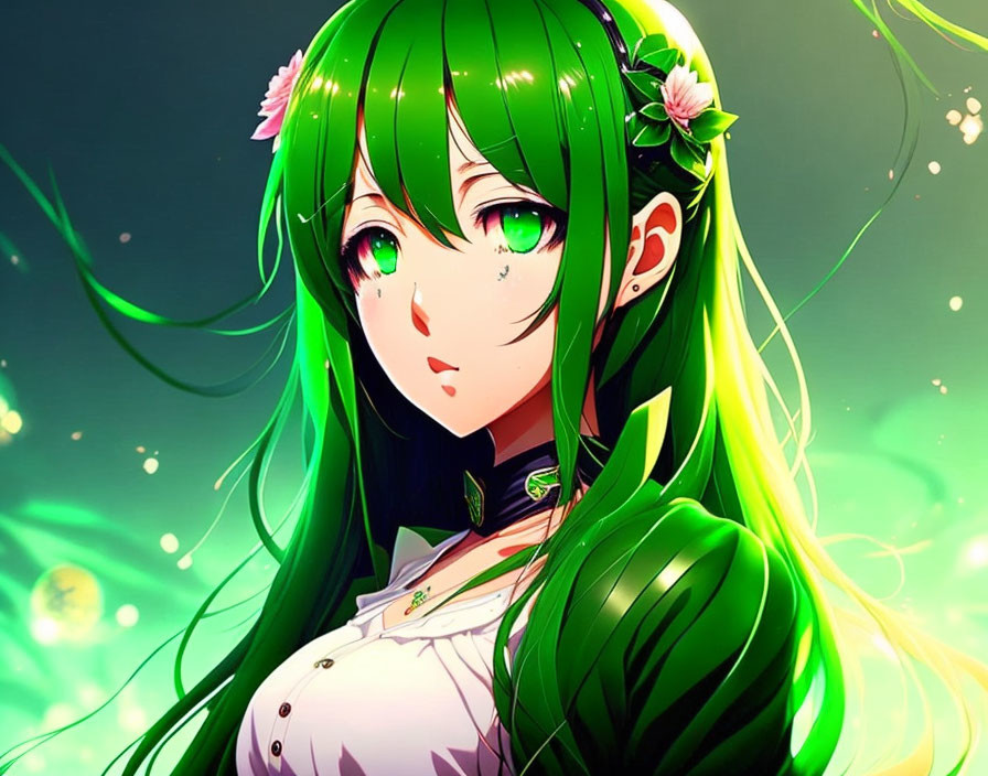 Green-haired girl with pink flowers in anime-style illustration