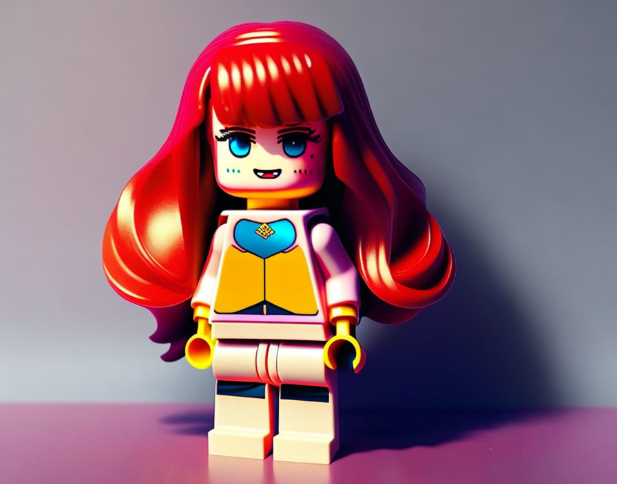 Colorful Lego figurine with red hair, blue eyes, white spacesuit, yellow & blue emblem