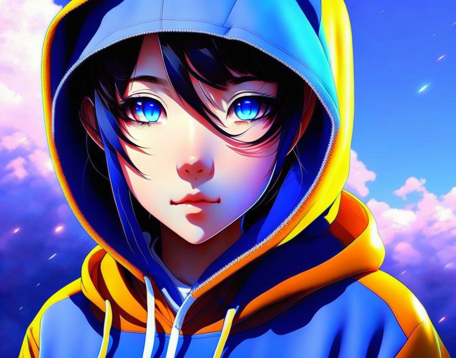 Anime character with large blue eyes and black hair in yellow and blue hoodie against blue sky and clouds