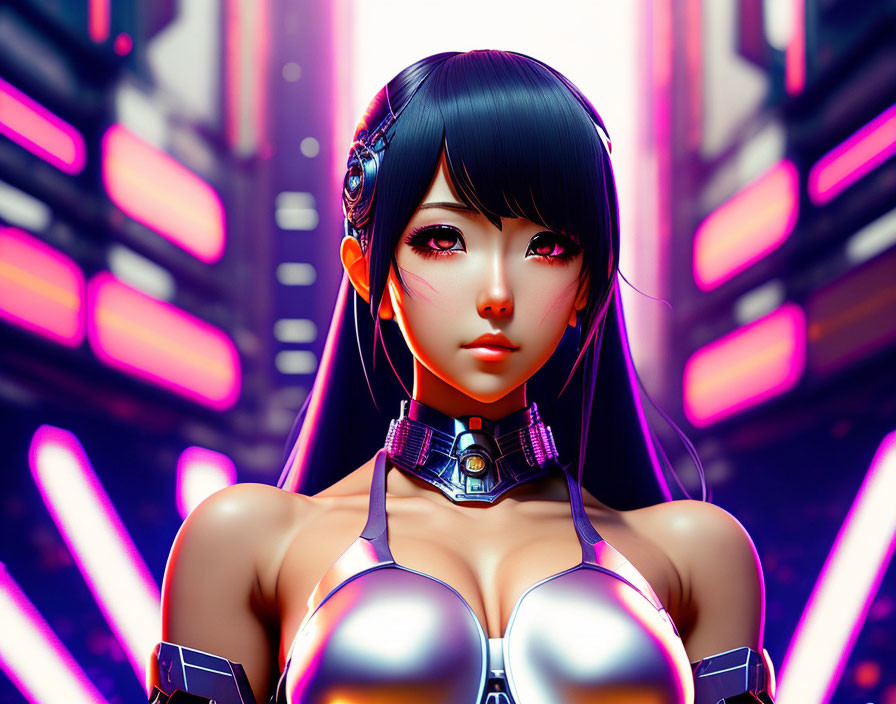 Female Android with Black Hair and Cybernetic Enhancements