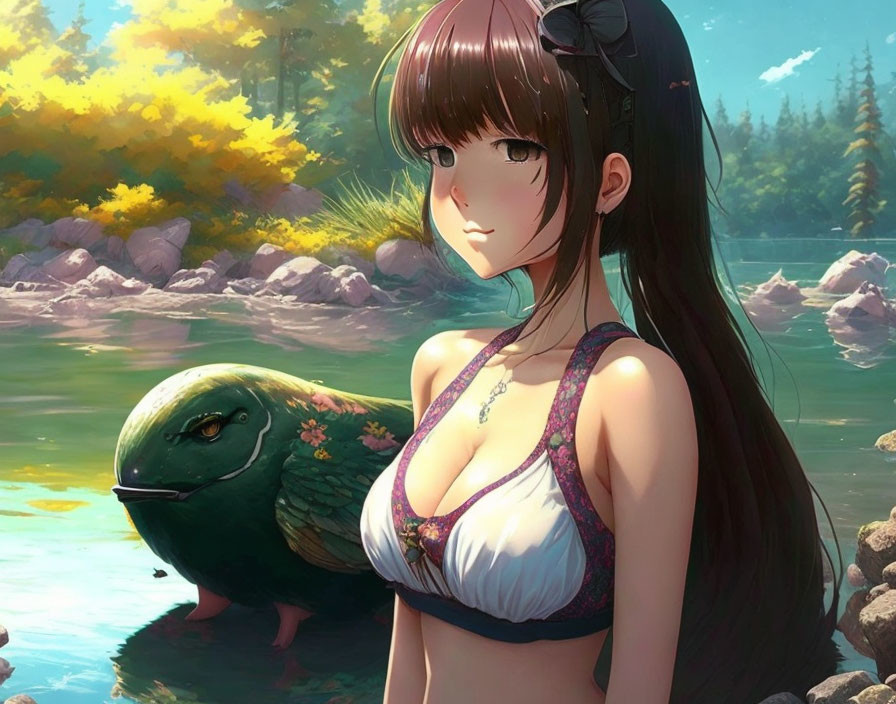 Anime-style illustration: Girl with brown hair and bow, bikini, by water with fantastical turtle-like