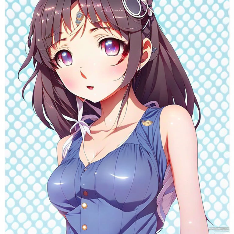 Anime girl with purple eyes and dark hair in blue outfit on dotted background