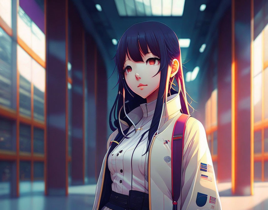 Digital illustration: Girl with black hair, red eyes, white jacket, black skirt in sunlit hallway