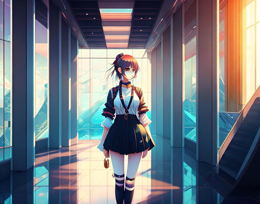 Short-haired anime girl in school uniform with keychain in sunlit corridor