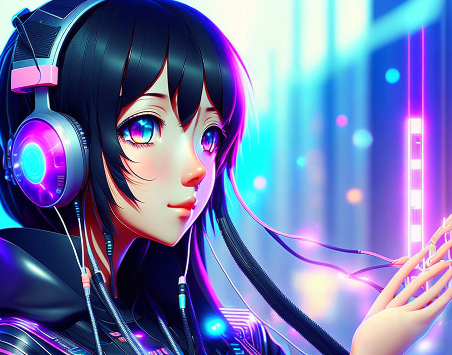 Character with headphones and large eyes in futuristic anime-style art