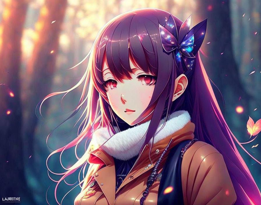 Long-Haired Anime Girl with Bow in Hair Standing Among Falling Leaves