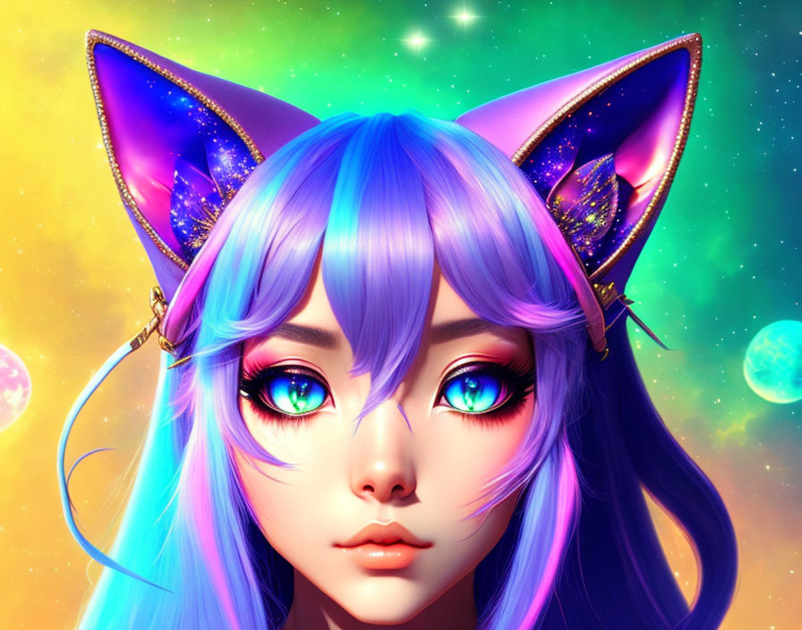 Anime-style artwork: Person with blue hair & cat ears in cosmic backdrop with stars & planets