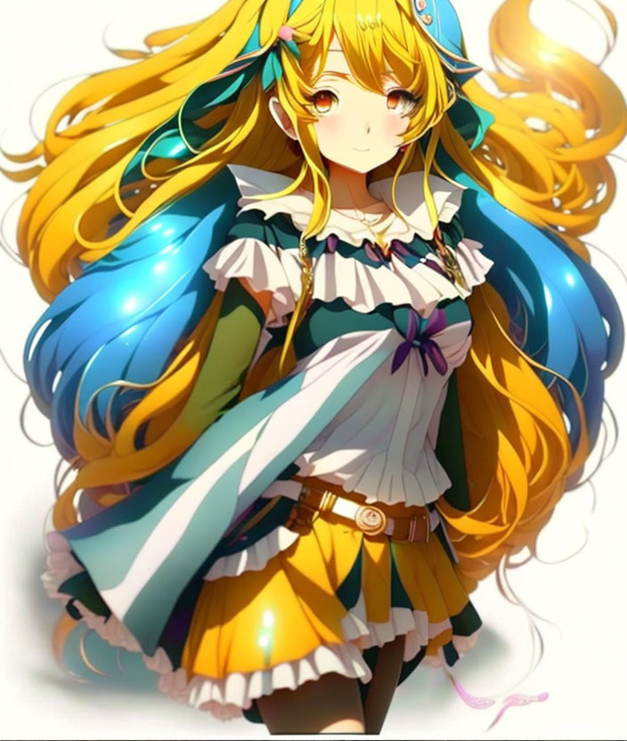 Anime girl with golden hair and frilly dress.