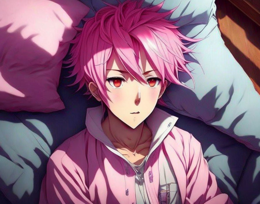 Vibrant pink-haired anime character in purple hoodie lying down surrounded by pillows