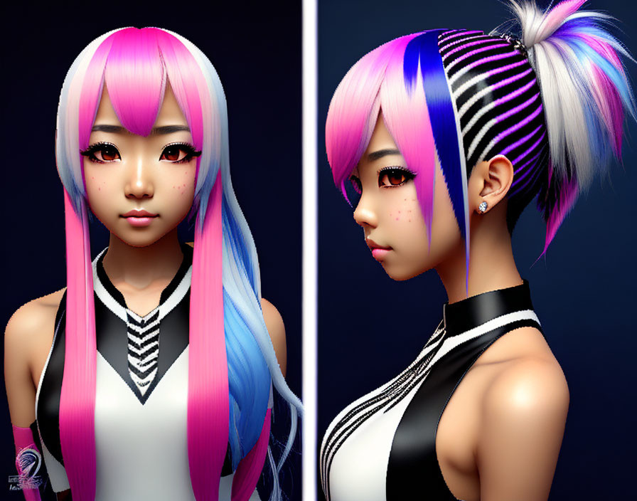 Character with Pink and Blue Ombre Hair & Striped Pink/Black Hairstyle