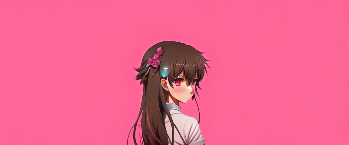 Long brown hair anime girl with purple flower and blush on pink background