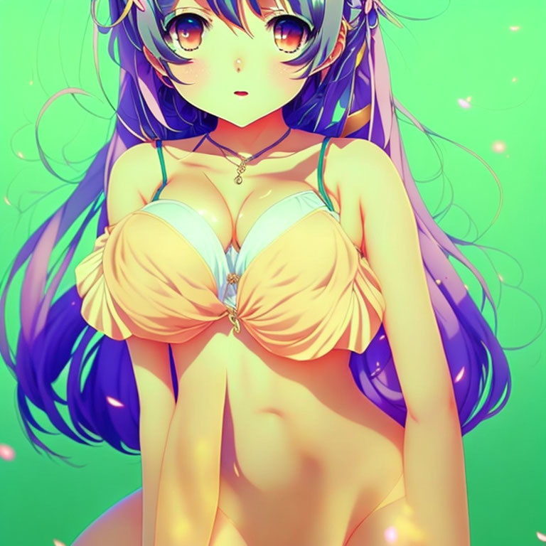 Blue-haired anime character in bikini top on green background with sparkling lights