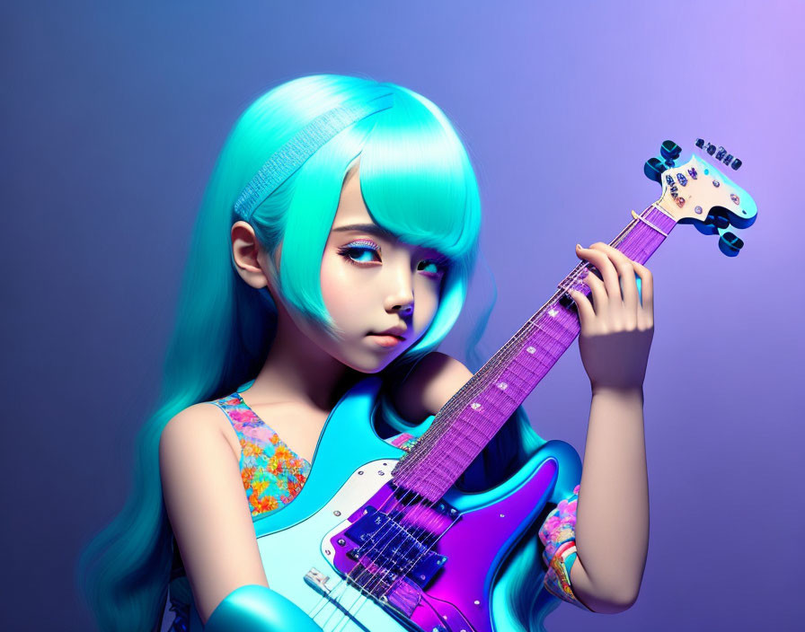 Stylized image of girl with turquoise hair and purple electric guitar