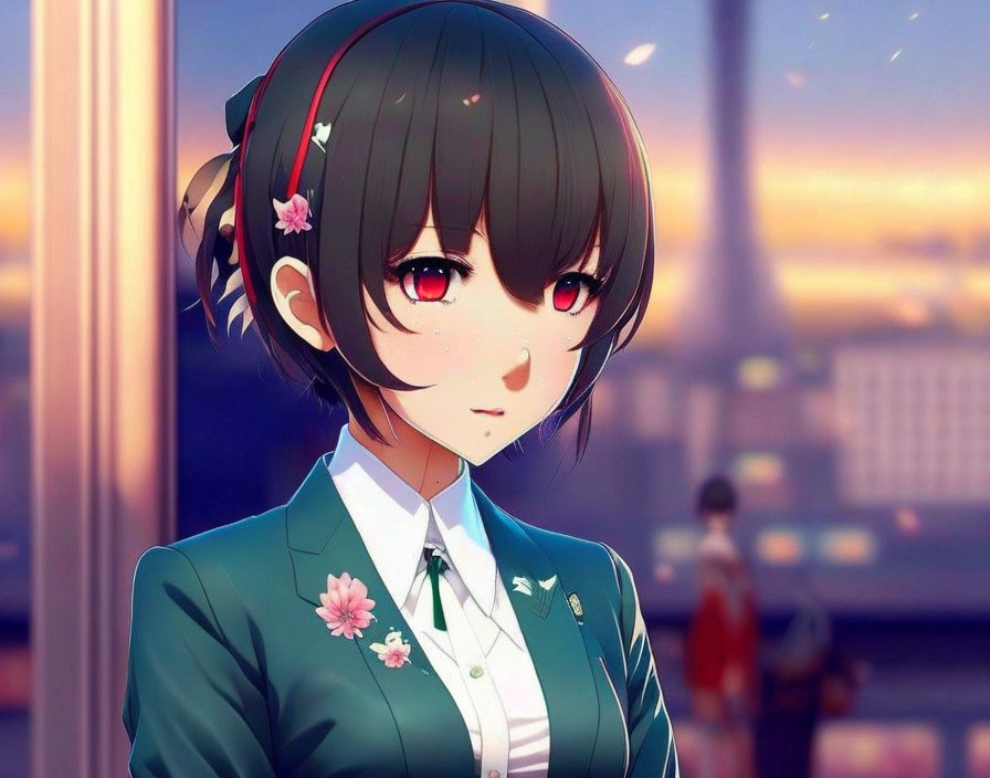 Illustrated girl with short dark hair and red eyes in green school uniform against city sunset.