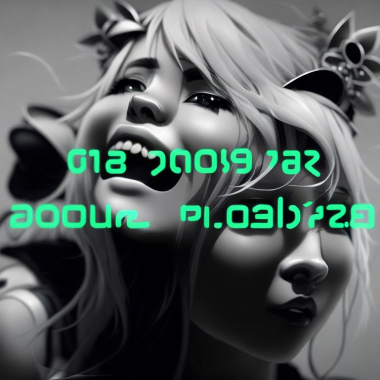 Greyscale digital art: Stylized woman with cat ears and reversed text.