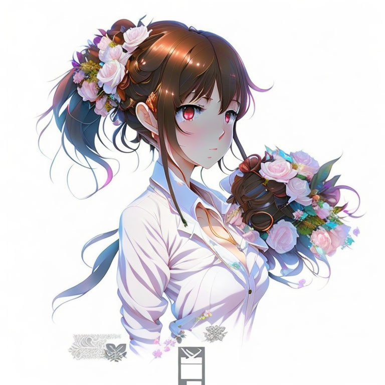 Illustration of girl with brown hair and pink eyes holding flowers on white background