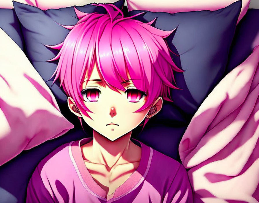 Pink-haired anime character with reddish eyes lying on bed with gray pillows and pink blanket, appearing distressed