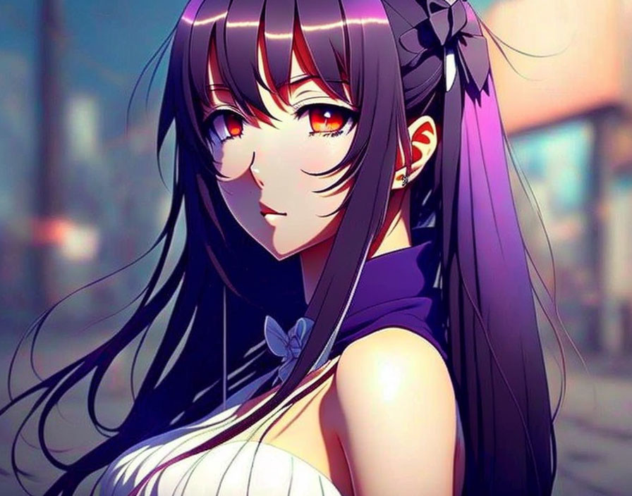 Anime character with long purple hair, red eyes, white and purple outfit, and bow.