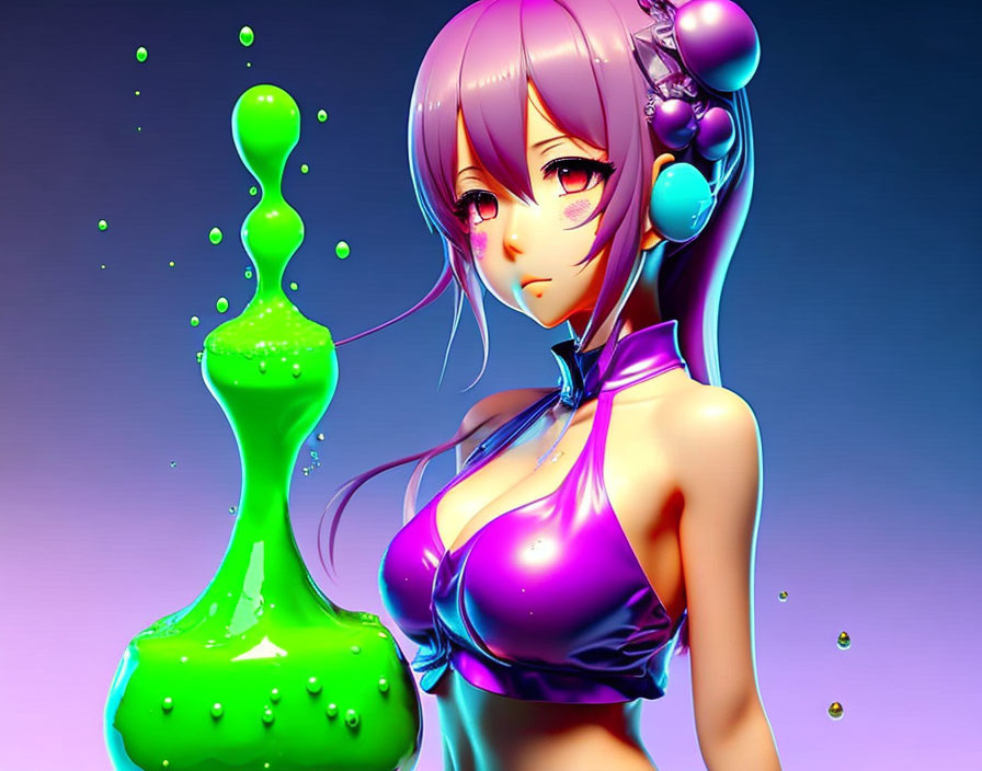 Anime-style character with purple hair and headphones next to green liquid splash on violet background